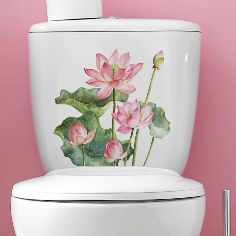 Self Adhesive Watercolor Pink Lotus Toilet Sticker Waterproof Removable for Apartment Bathroom Renovation Decor