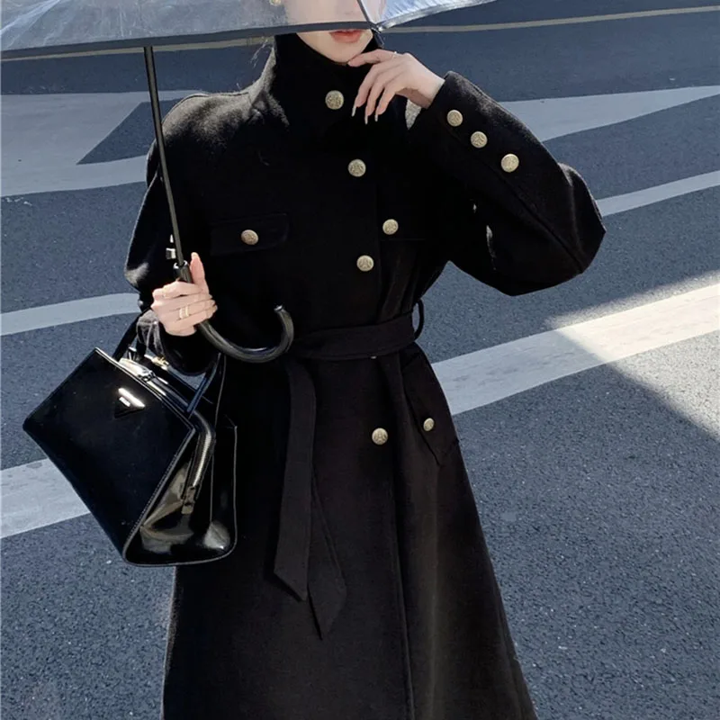 Retro Wool Coat Women's 2024 Spring Autumn New High-Quality Temperament Black Long Woolen Jacket Korean Fashion Luxury Outerwear