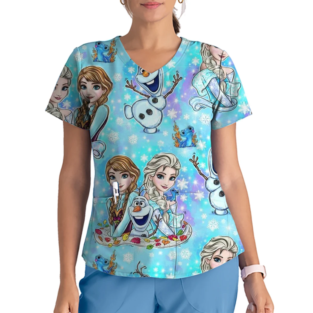 Haut à manches courtes et col en V pour femmes, uniforme de travail, chemise de princesse Disney, chemise à imprimé sirène, haut de gIslande d'allaitement, t-shirt décontracté, mode féminine