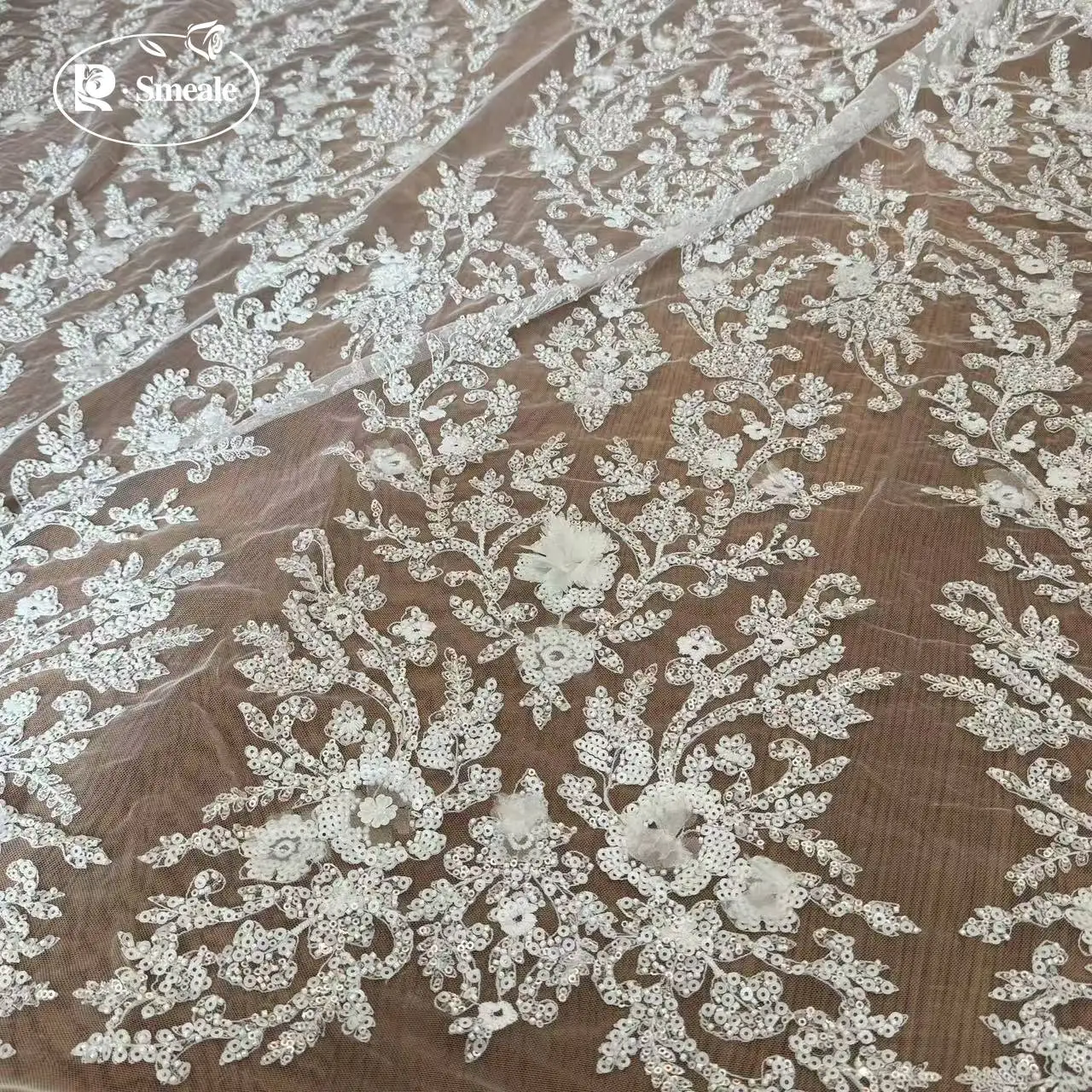 3D-Chiffon-Applikationen-Spitzenstoff mit Glitzernden Pailletten, DIY-Brautkleid, Stoff zum Nähen – Detail 5