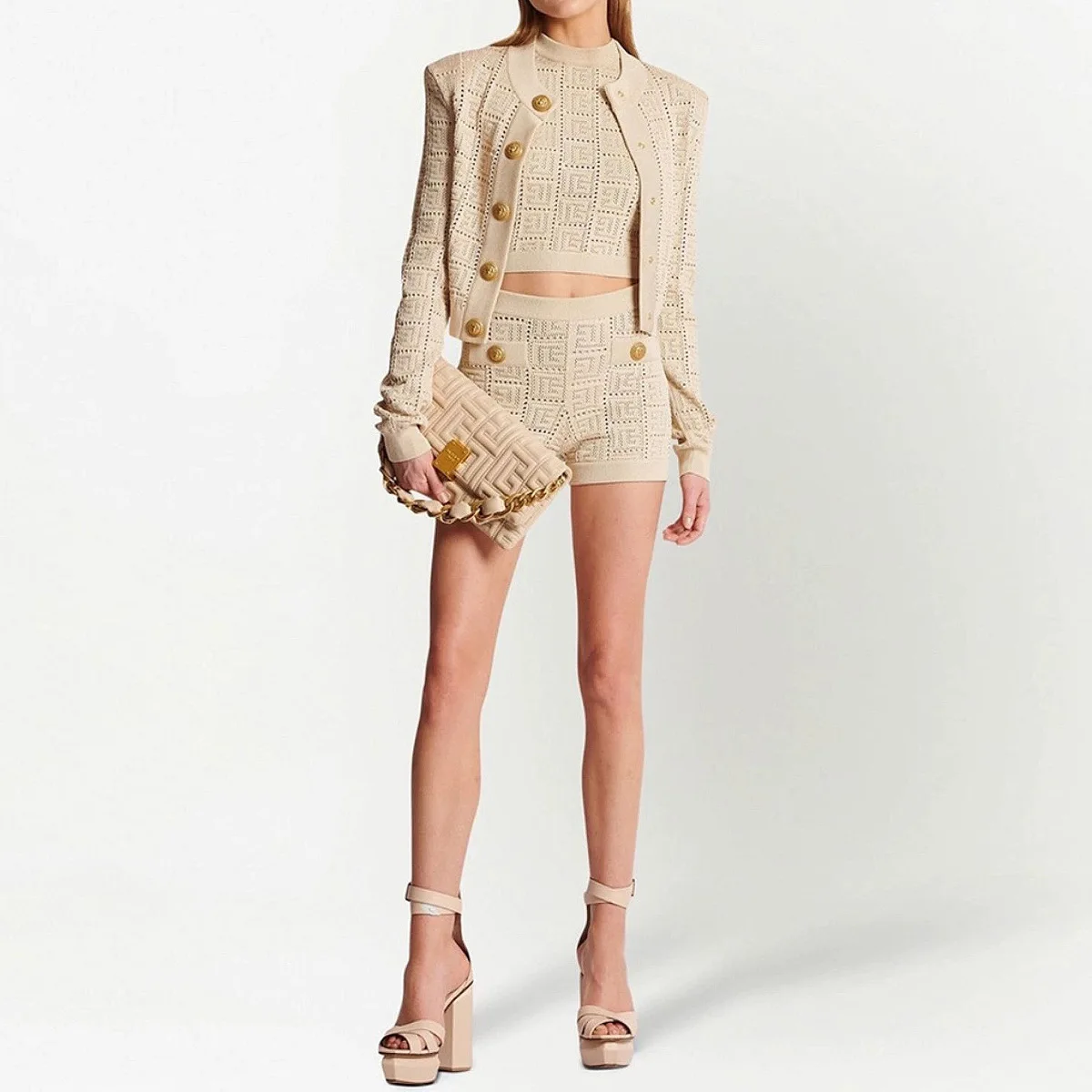 

Spot 2025 New Long-Sleeved Short Round Neck Cut Out Knitwear Dress Vest Shorts Women's Quality Supply