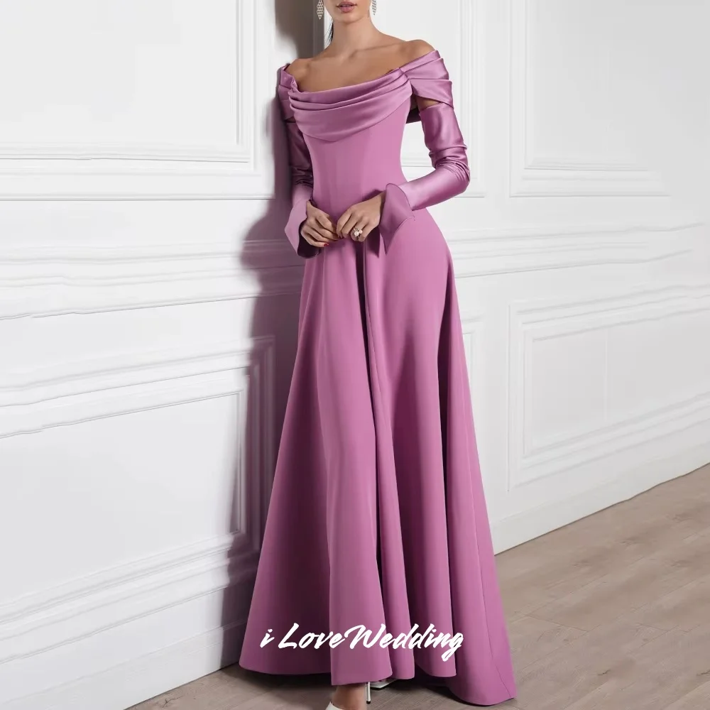 

Pink Off Shoulder Evening Dresses 2025 Satin Long Sleeve A-Line Strapless Floor-Length Pleated Wedding Party Dress Customized