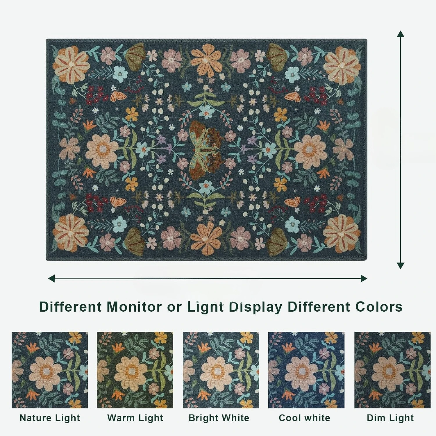 Dark Green Floral Area Rug, Boho Machine Washable Carpet, Non-Slip Ultra-Thin Mat for Living Room Bedroom Dining Room