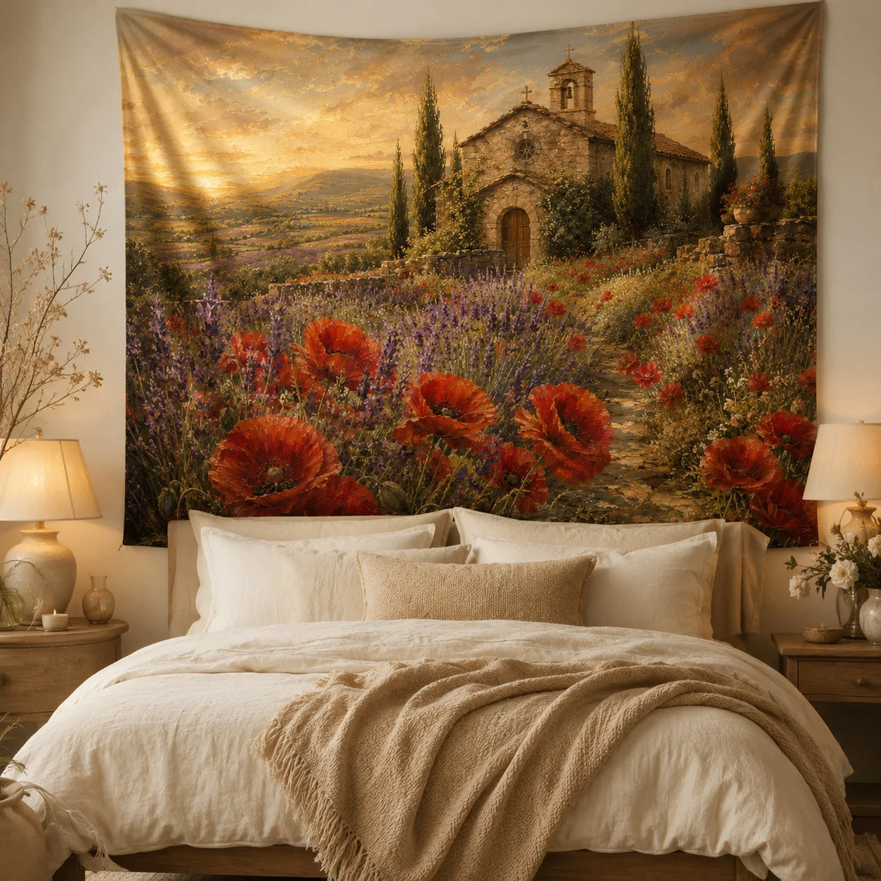 Vintage Poppy Field Tapestry Tuscan Countryside Landscape Wall Hanging Wildflower Oil Painting