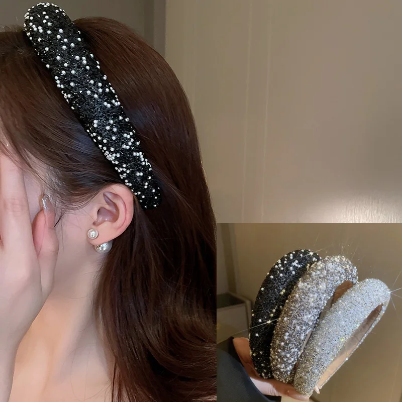 Luxury Glamorous Beaded Hairband Bling Crystal Pearl Baroque Headband Wide Cross Headband Sparkly Gorgeous Lady Hair Accessories