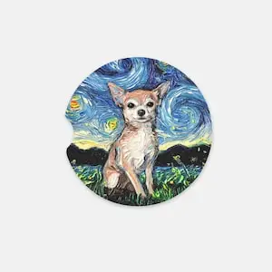 2pcs Single Sandstone Car Coaster - Tan Short Hair Chihuahua Starry Night Dog Pet Lover Gift Artwork Car Interior Cup Holder Pad