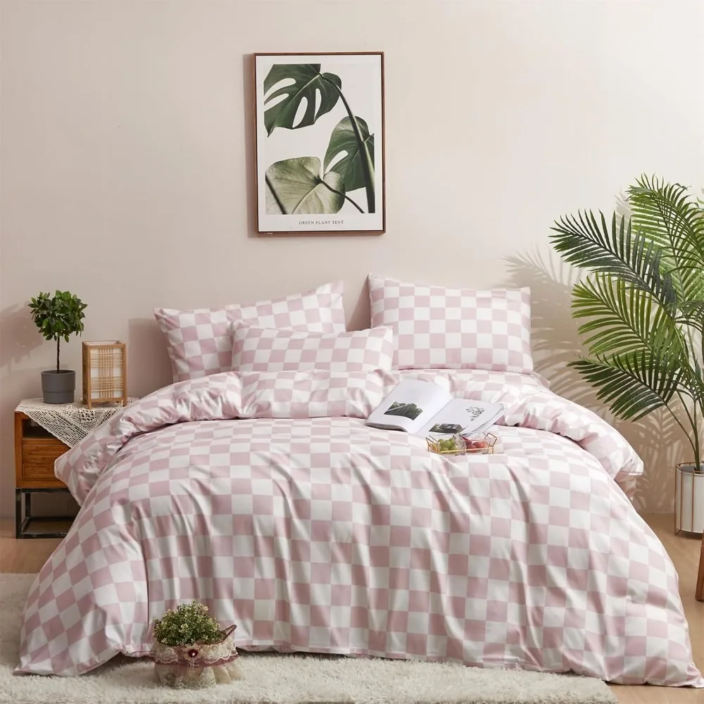 

Bedding Comforter Sets Women Men Bean Pink and White Checkerboard, Available for All Seasons, Easy To Clean, Bed Cover