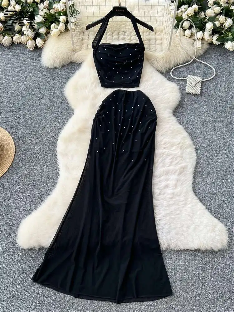 

BabYoung Summer Beading Two Pieces Sets Women Halter Crop Top+Sheer Solid Bodycon Long Skirt Mesh Sexy Vacation 2Pcs Suits