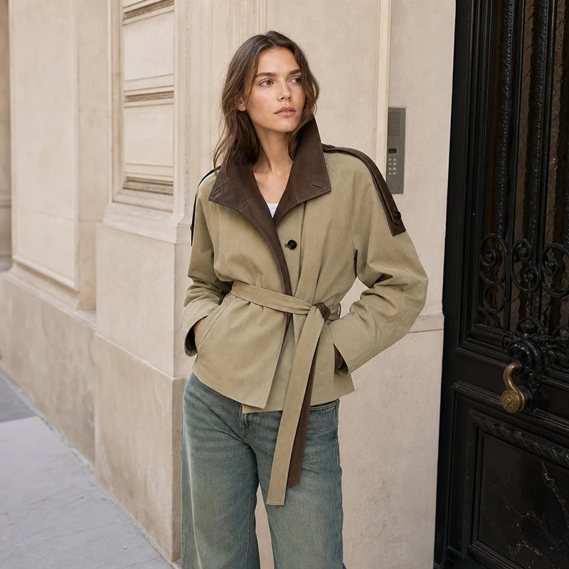 Women Cropped Trench Coat Faux Leather Spliced Epaulets Belted Waist Loose Fit Khaki Short Jacket Vintage 2026 Ladies Outerwear