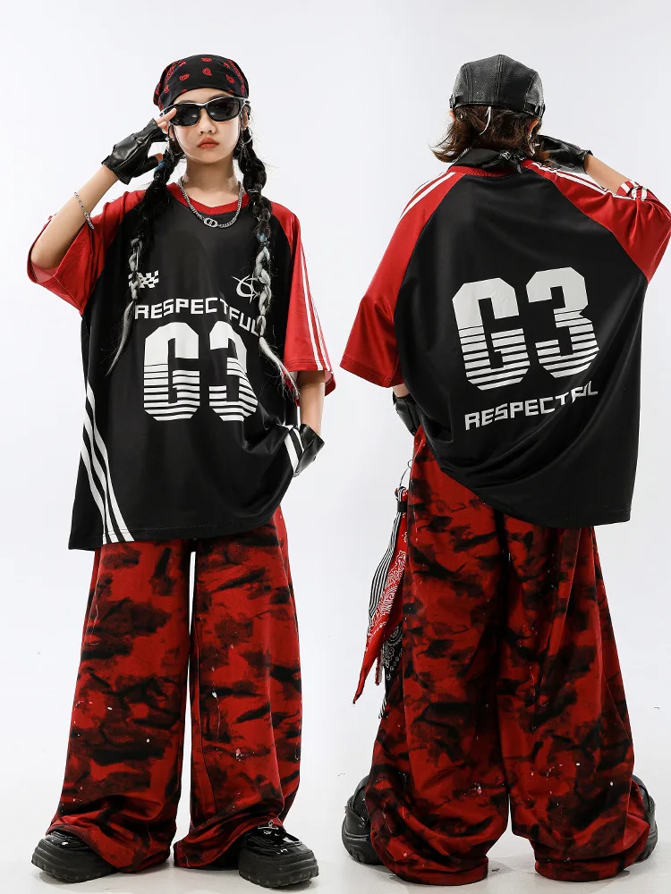Kid Hip Hop Kleidung Set Jungen Street Dance Kostüm Mädchen Jazz Modern Dance Anzug Kontrast Farbe T-shirt Schwarz-rote Hosen