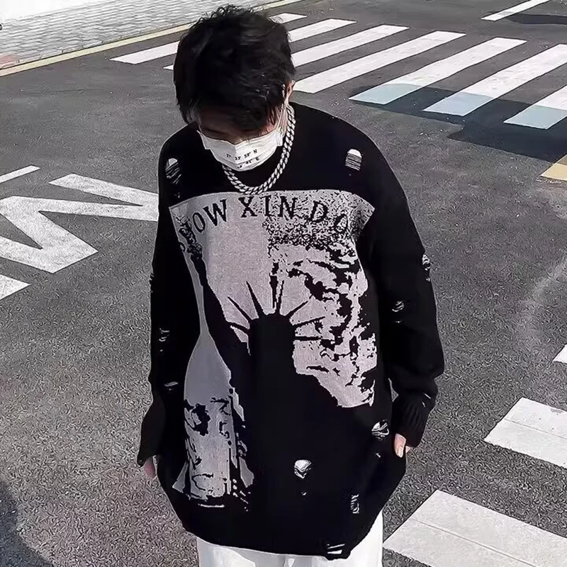 

Y2K Lady Liberty черный свитер мужской осень-зима темный стиль свитер оверсайз с отверстиями мужской хип-хоп свободный уличный трикотаж джемпер