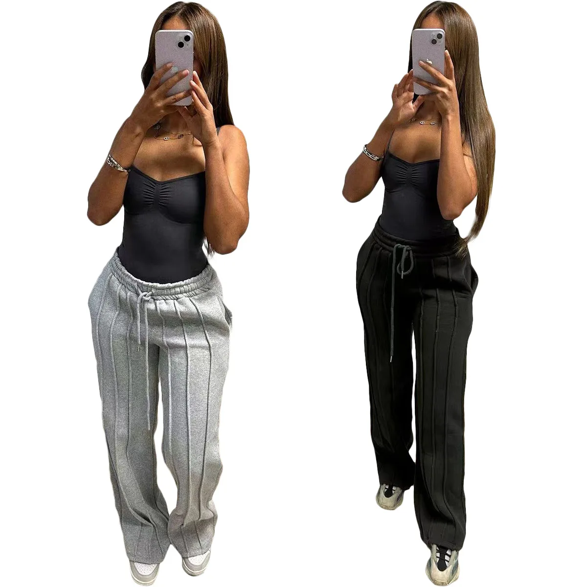 D8666 Spring and Summer New Women's Fashion Hoodie, Casual Solid Color, Multi-Pressed Pleats, Long Loose Pants