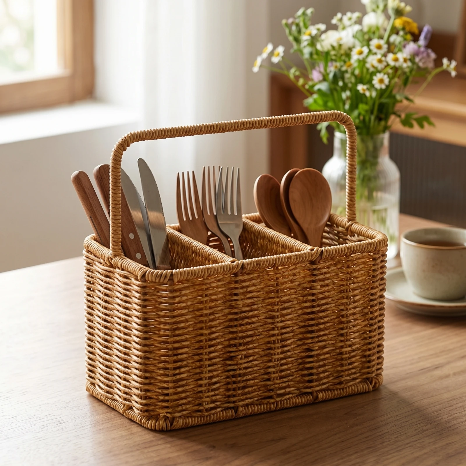 Storage Basket with Handle Three Section Divided Organizer Lightweight Home Caddy for Utensils Remotes and Pens