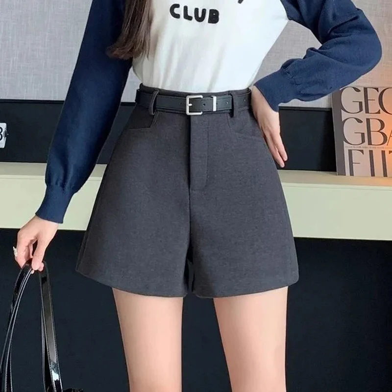 Fashion with Belt Woolen Shorts Women Y2K Autumn High Waist Loose A Line Shorts Korean Streetwear Thick Blended Mini Shorts New