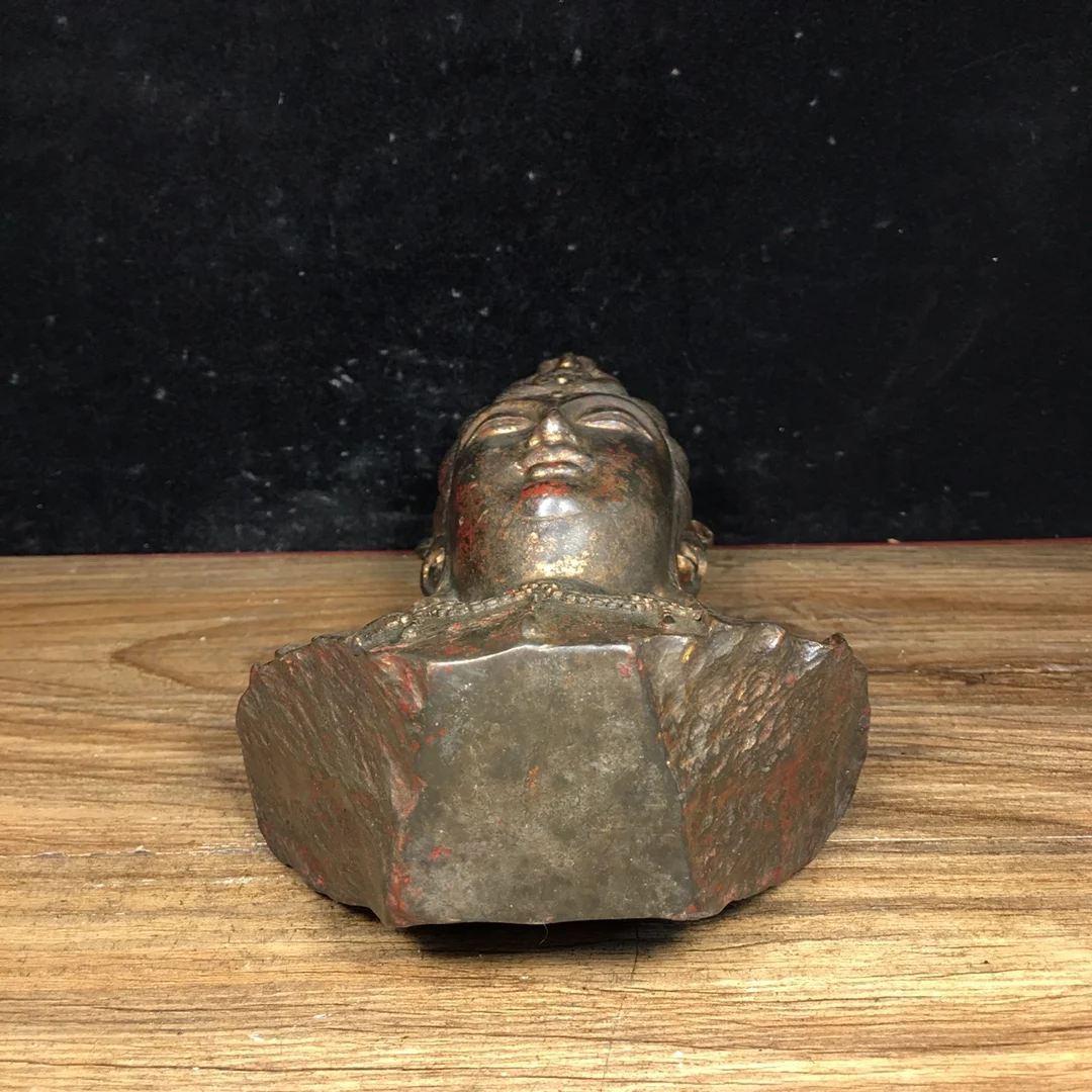 

8"Old China Collections Old Bronze Cinnabar Mud gold Guanyin Bodhisattva Buddha Head Worship Hall Town house