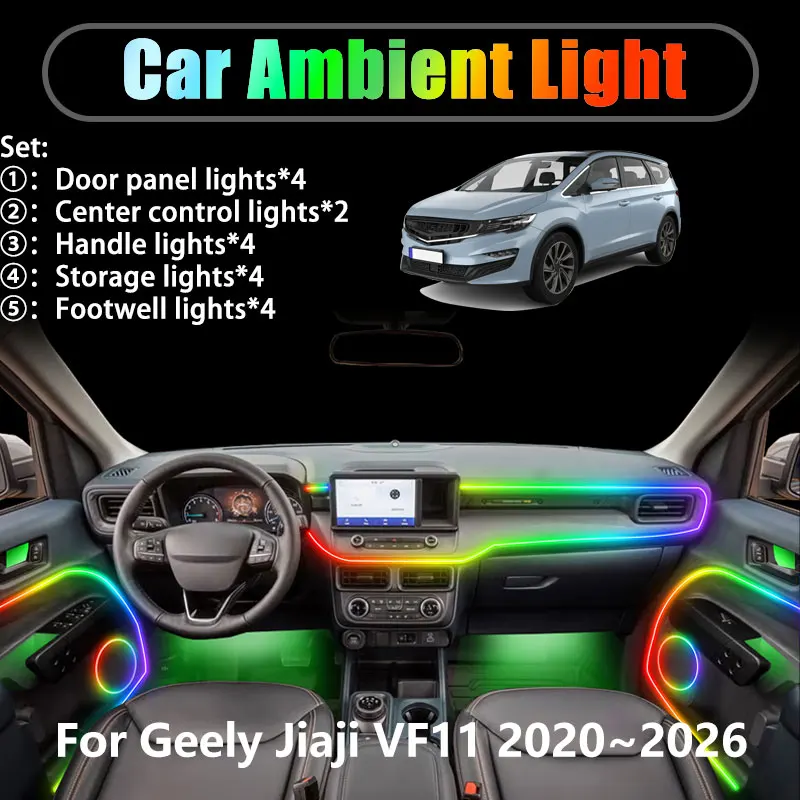 

Для Geely Jiaji VF11 2020 ~ 2026 Maple 80V 2/18 в 1 Автомобильное окружающее освещение Светодиодные внутренние светодиодные фонари багажника USB RGB Ensemble Streamer