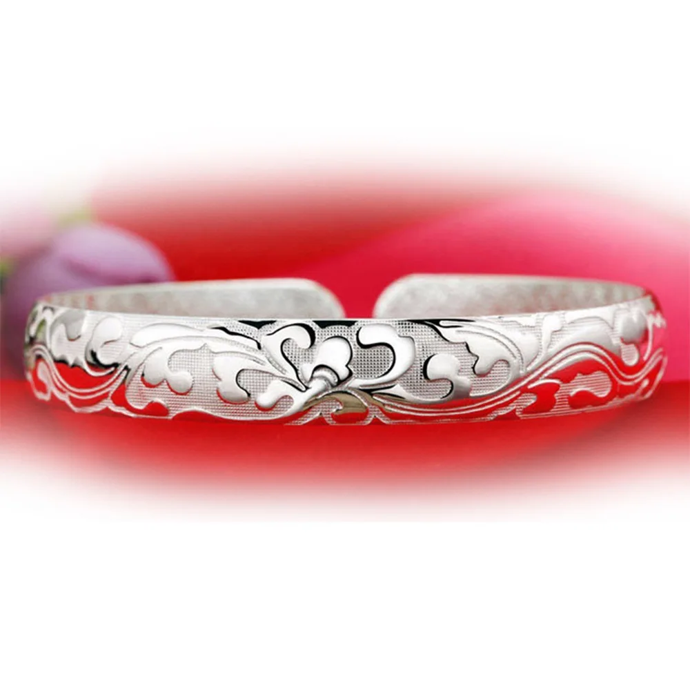 925 Sterling Silber Armreif für Damen, Vintage Geschnitztes Blumenmuster, Offener Armreif mit Innengravur, Schmuckgeschenke – Detail 6