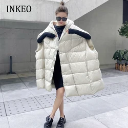 Luxury 90% white duck down jacket waistcoat for women Oversized Winter Thickened fluffy Hooded vest Overcoat INKEO 2O136