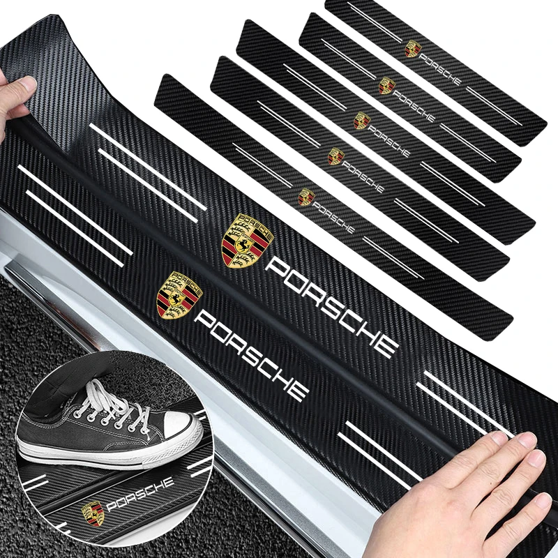 1/4/5Pcs Carbon Fiber Leather Car Door Sill Protector Strip For Porsche 911 718 Taycan Panamera Cayenne Macan Boxster Cayman 918