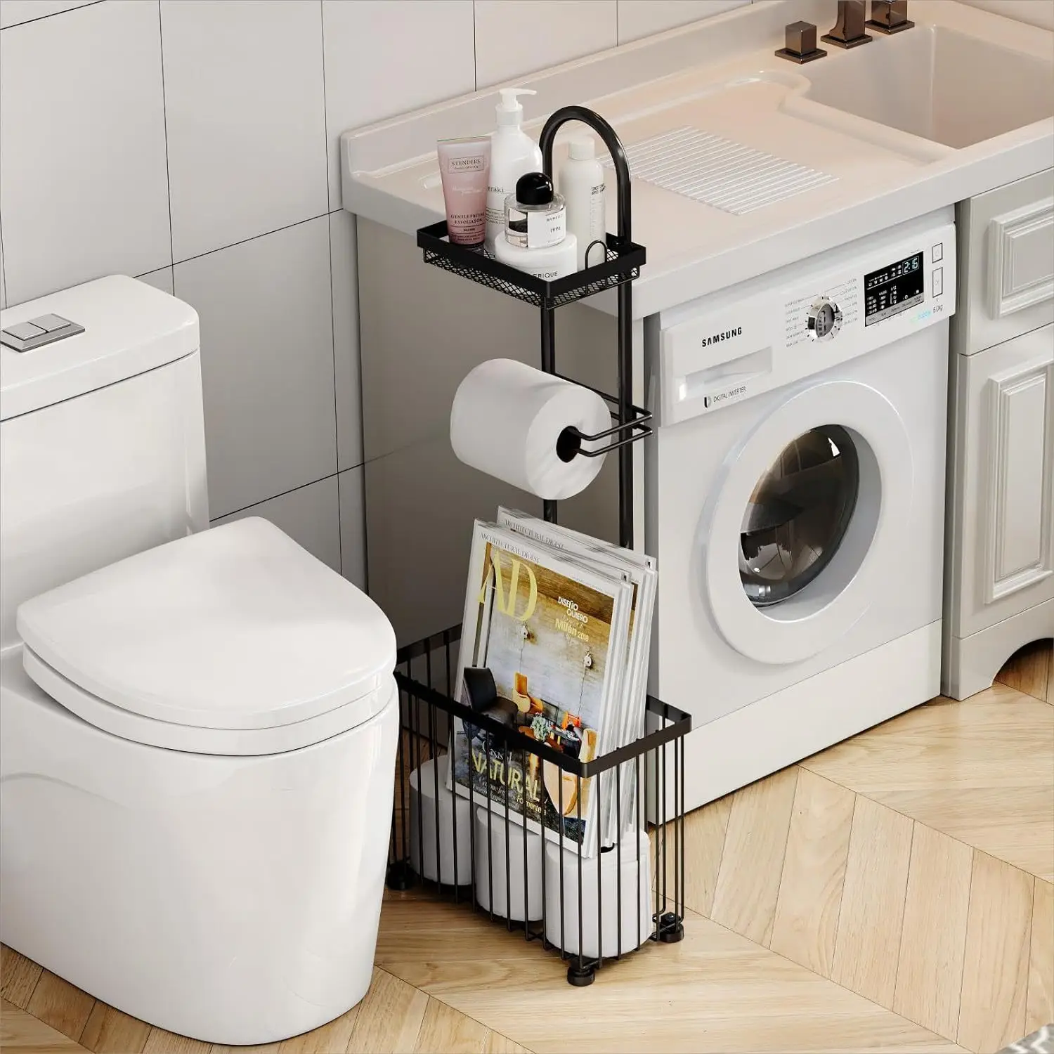 Black household bathroom tissue holder with magazine roll storage for bathroom, also includes tablet storage rack