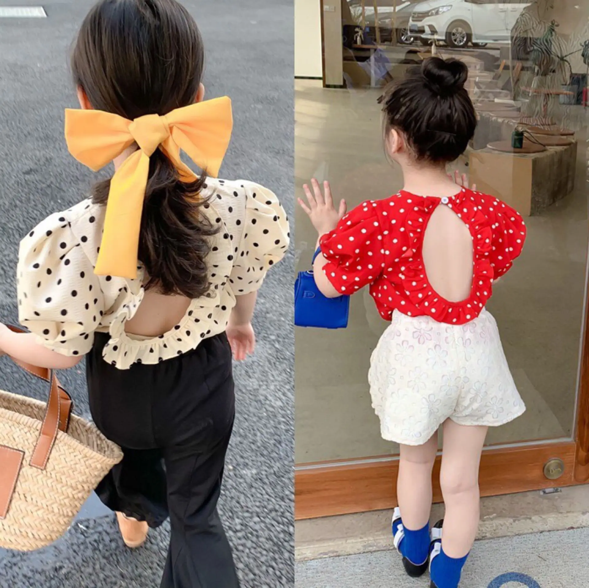 

Children's Backless Shirt Summer Style New Girls' Polka Dot Top 2-7 Years Old Temperament Short Sleeved Kids Clothing Shirt