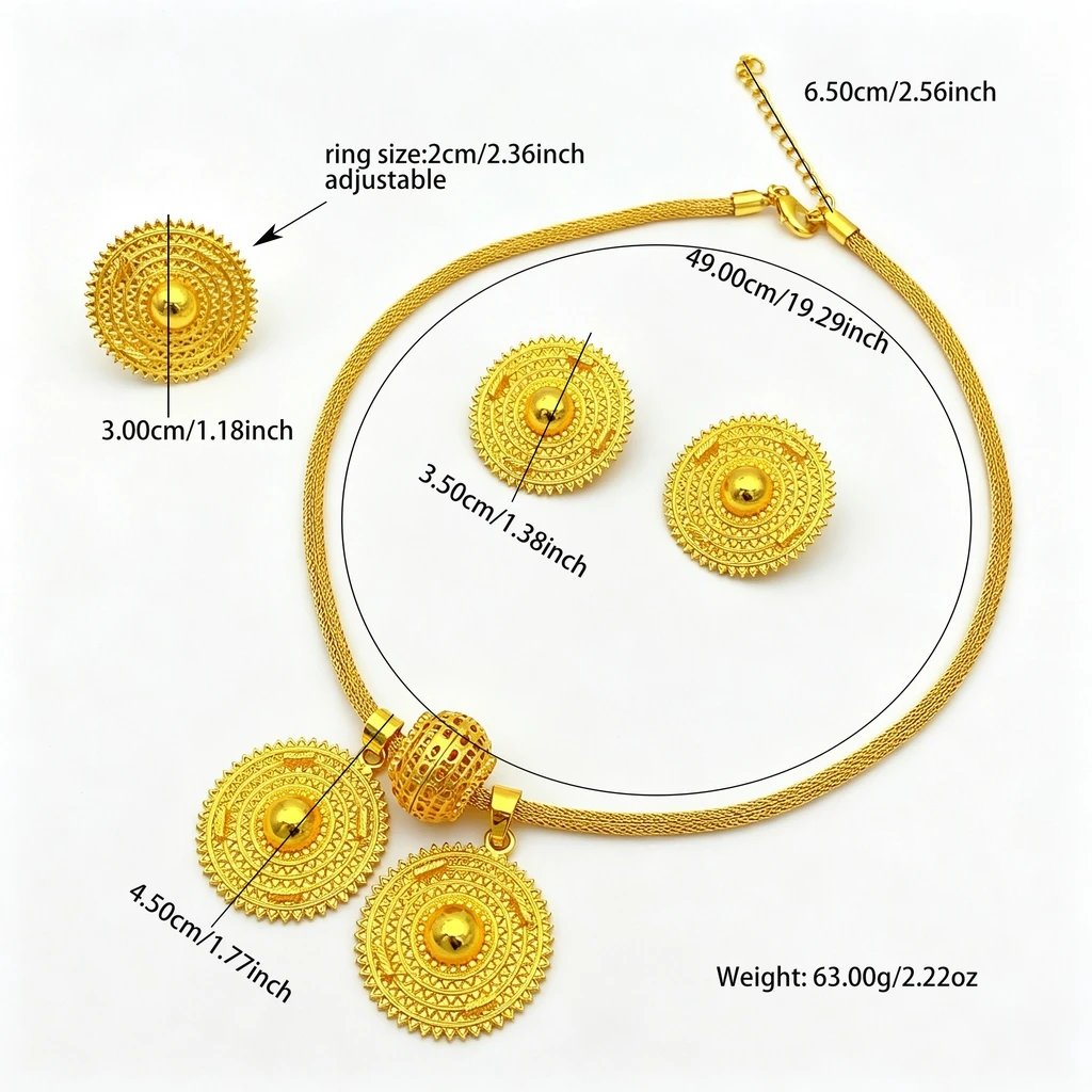 Luxuriöse Äthiopische 24k Goldfarbene Schmucksets für Frauen Dubai Braut Zweier-Rundhalsketten- und Ohrring-Set Hochzeitsgeschenke – Detail 6