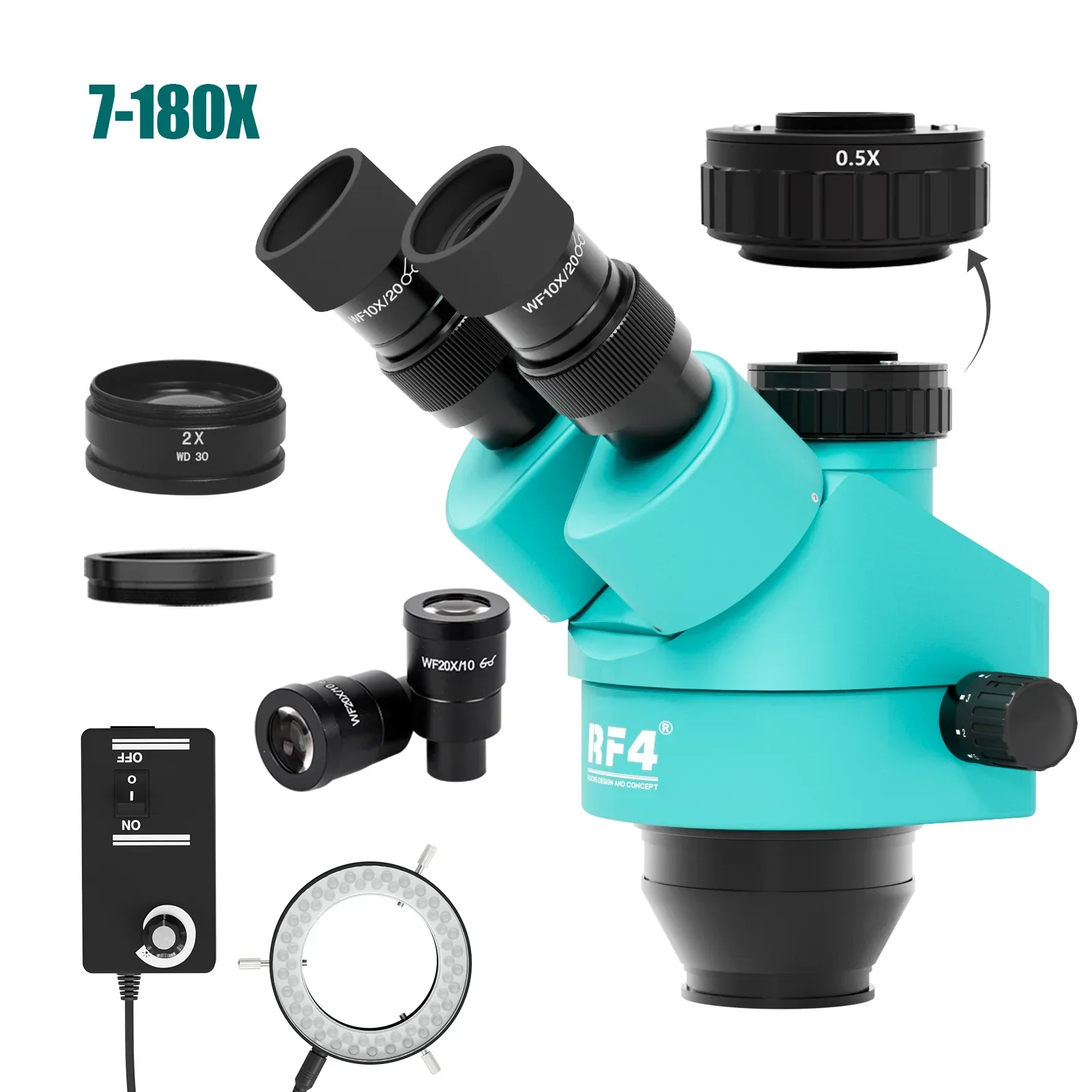 RF4 Trinocular Industrial Microscope Head 7-45X 3.5-90X 180X Simul Focal Continuous Zoom HD 10X 20X Wide Field Eyepiece Lens