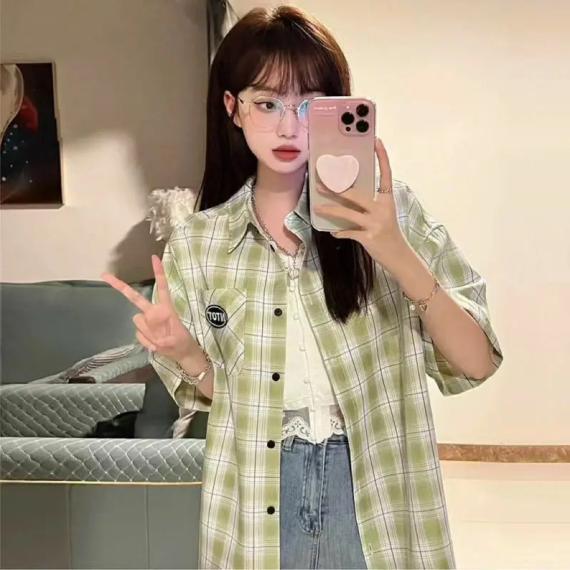 Women Summer Preppy Style Polo Collar Plaid Shirts Lady Casual Loose Short Sleeve Green Blouse 2024 New letter Tops Female