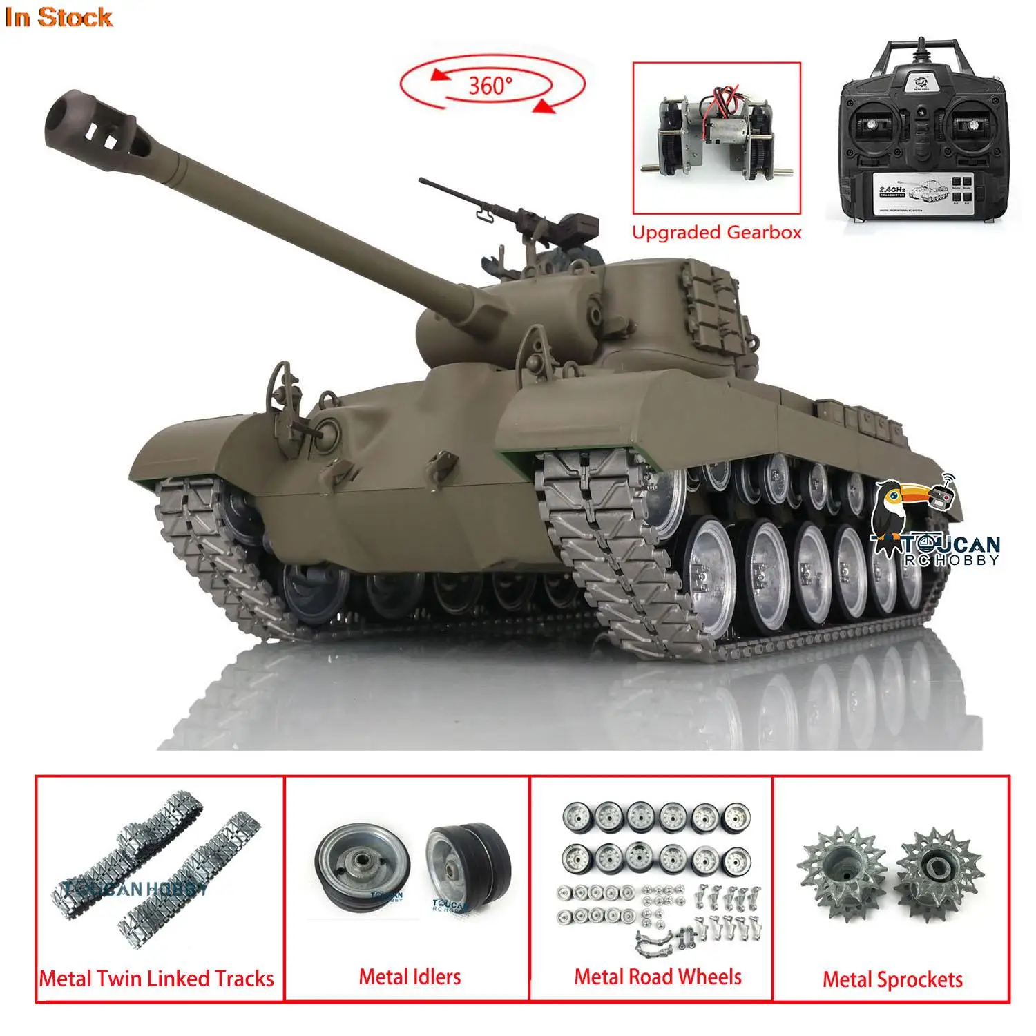 

1/16 HENG LONG 7.0 M26 Pershing Green RTR RC Tank 3838 Full Metal Tracks Wheels 360° Turret Steel Idler Gearbox BB Unit TH17311