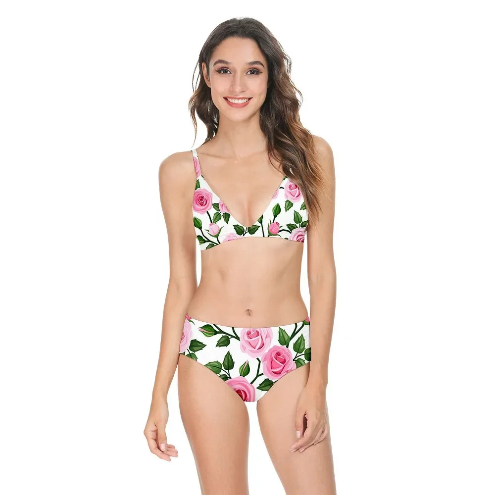 Women Sexy Bikini Swimsuit High Waist Florals Printed Casual Multicolor Backless Swimwear Swimming Suit Sportswear Clothing