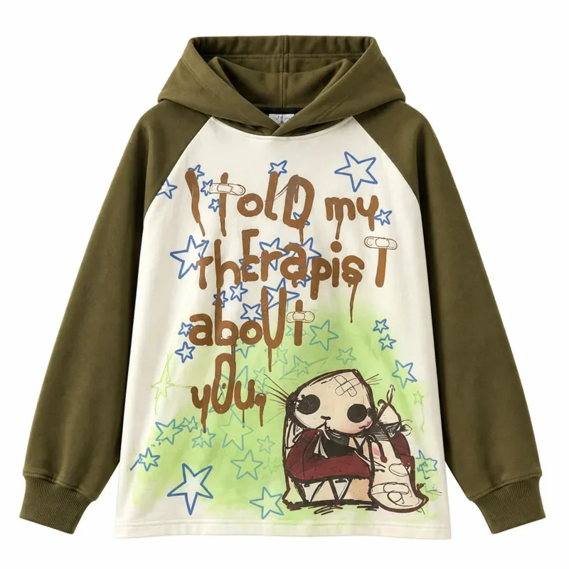 Punk Y2K T-Shirt Letter Subculture Loose Sweatshirt Cartoon Graffiti Raglan Long Sleeve Unisex Top Matching Blouse Outfit Gift