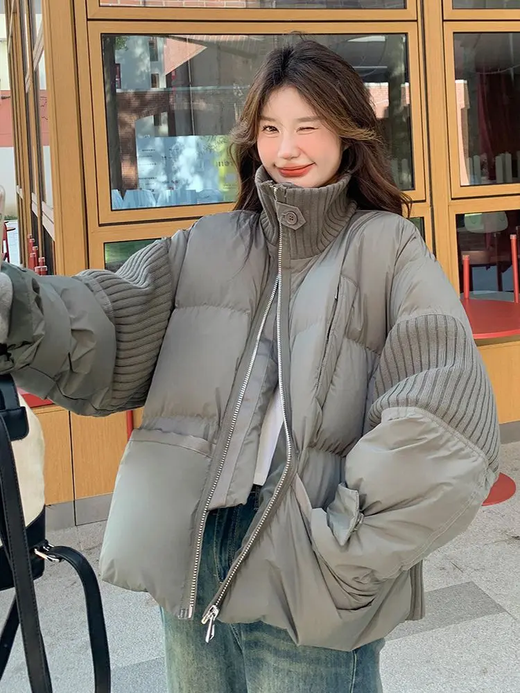 Plus Size Knitted Stitching Solid Color Cotton-padded Jacket Female Korean Thick Warm Cotton Coat