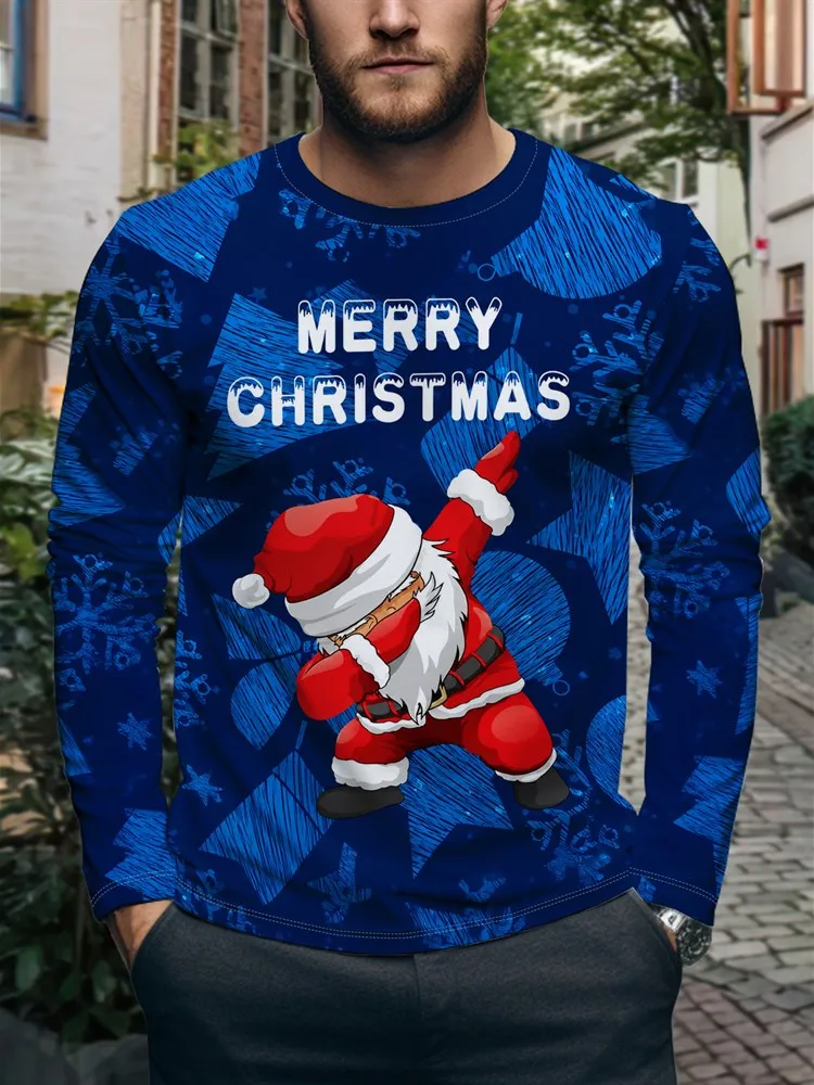Men's Merry Christmas Long Sleeve T-Shirt Santa Claus Snowflake Graphic Tee Red Xmas Holiday Pullover Tops Gift New Hot 2026