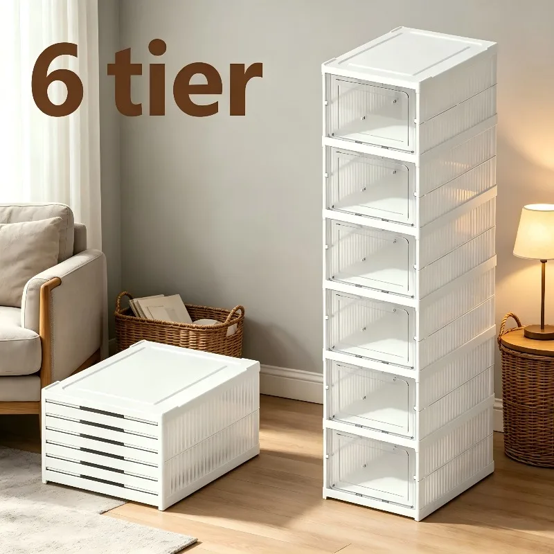White 2/6/9-layer Shoe Boxes/Organizer, Wardrobe Storage, Thicken Sturdy Plastic Shoe Storage With Door, Sneaker Container, Shoe Cabinet Shoe Rack For Entryway, Closet