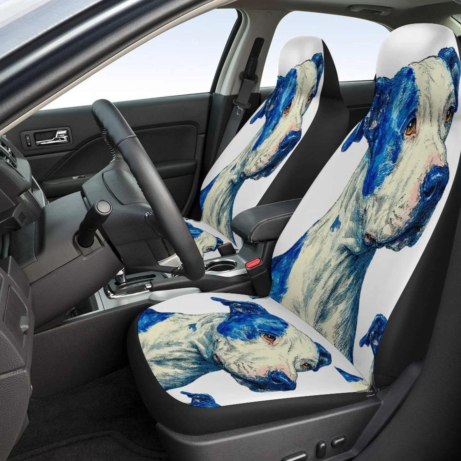 Blue White Dog Portrait Themed Car Seat Cover Set For Most Cars, Decorative Trendy High-quality Car Seat Protector Covers Full S