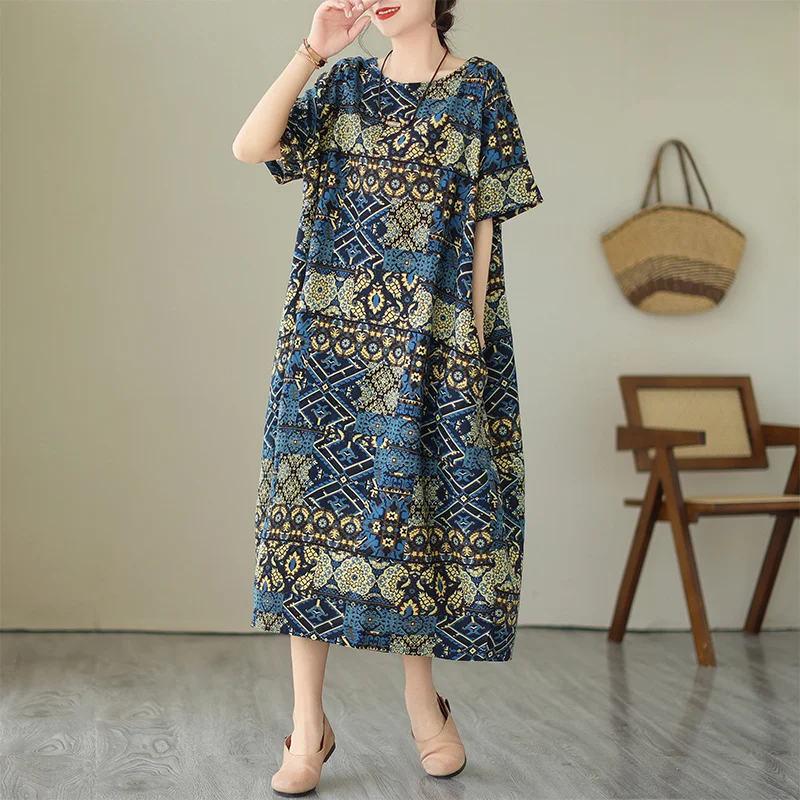 # 6647 Summer Vintage T Shirt Dress Short Sleeves Loose O-neck Cotton Linen Midi Dress Female Round Neck Retro Print A-line Dress