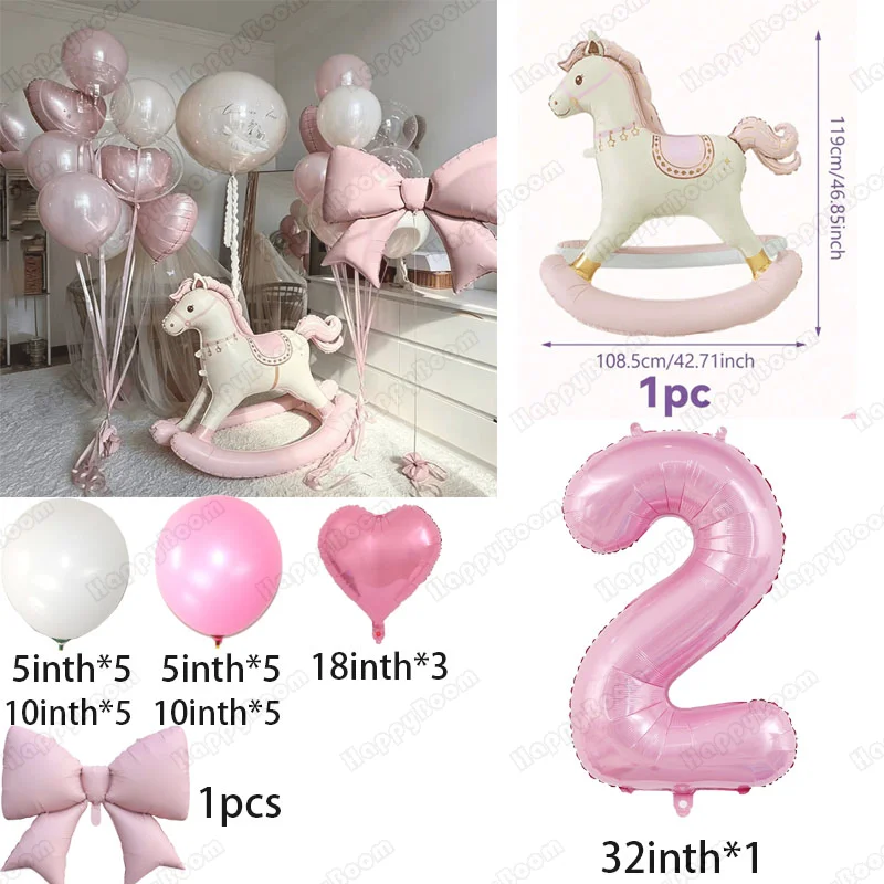 26pcs Pink 3D Rocking Horse Foil Balloon Pink 1-9 Number Girl Birthday Party Decoration Carousel-Themed Party Decor Props