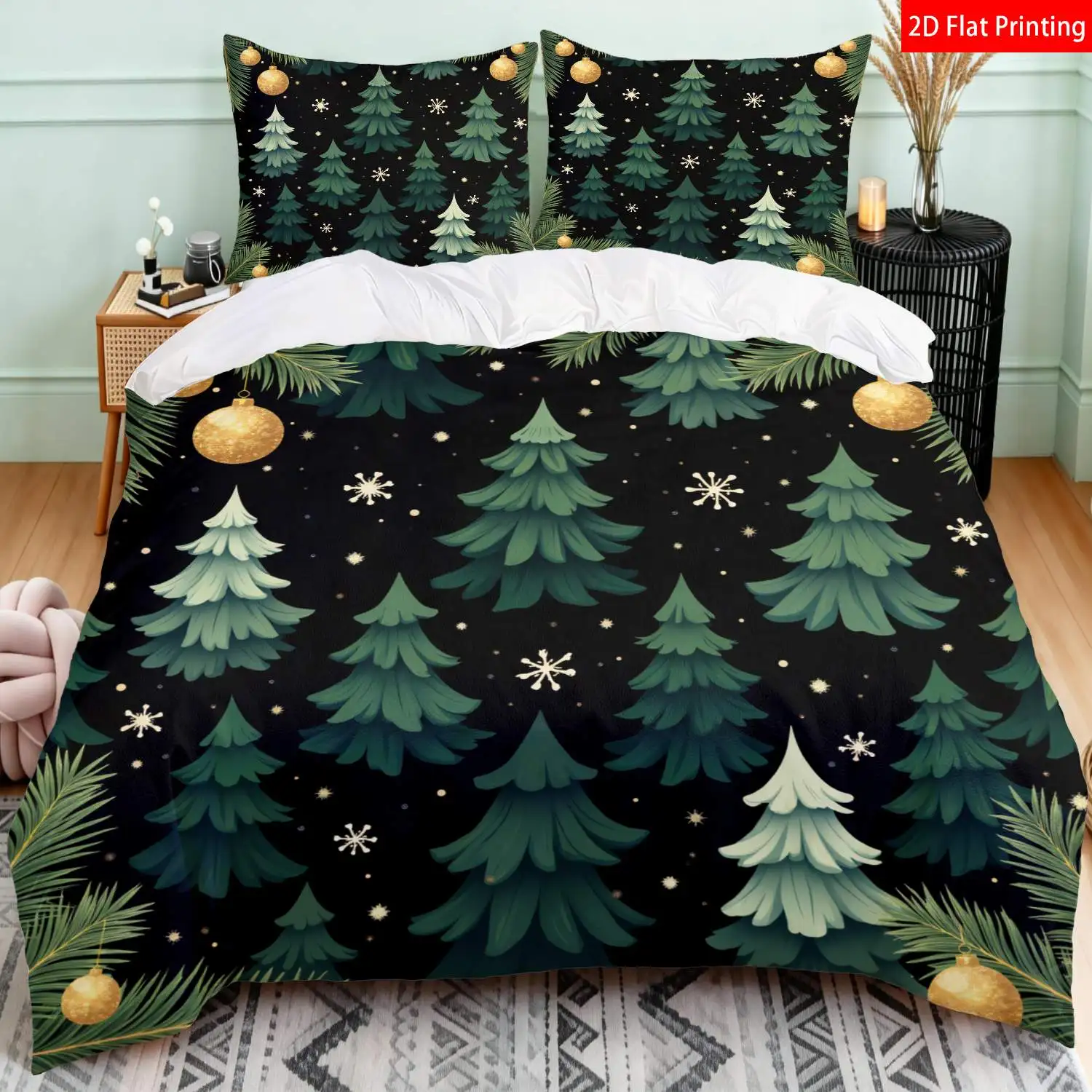 Christmas Duvet Cover Set Green Christmas Tree 100% Polyester Fiber Duvet Cover Ultra Soft Brushed Bedding for Bedroom Hotel Dormitory