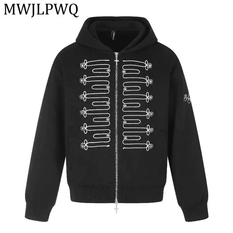 MWJLPWQ Full Zip Hoodie Jacket Braided Embroidery Metal Zipper Pull Side Pocket Printed Sleeve Men Gothic Street Fit Top 17017