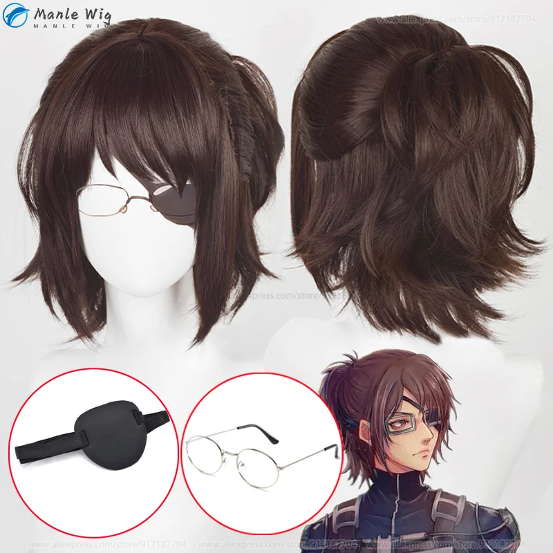 Wig Cosplay Hange Zoe 35cm, Wig Anime Titan musim terakhir 4 Hange Zoe Masker Mata rambut coklat tua, rambut palsu + topi Wig