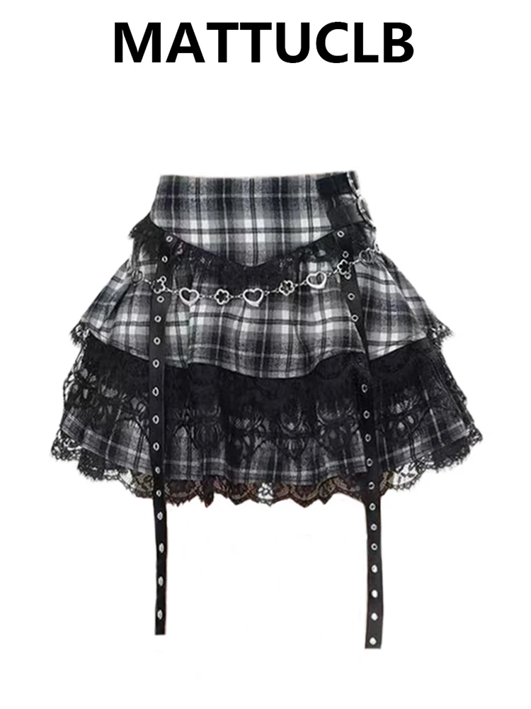 Summer Women Dark Academia Y2k Preppy Kpop High Waist Mini Skirt Plaid JK Party Lace Korean Harajuku Japanese Grunge Cyber Punk
