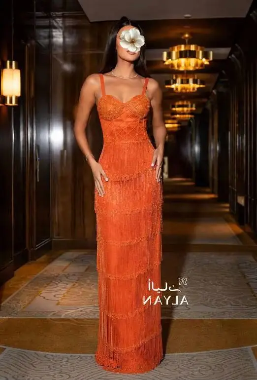 Luxury Mermaid Evening Dresses Sparkly Beading Tassel Spaghetti Straps Celebrity Gowns Delicate Jersey Prom Dresses Customized
