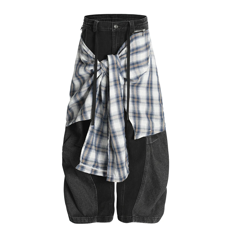 

Мужские летние джинсы-брюки GXFortune в американском стиле, с эффектом потертости, стрейч, свободный крой, с отстегивающимся клетчатым фартуком, удлиненные