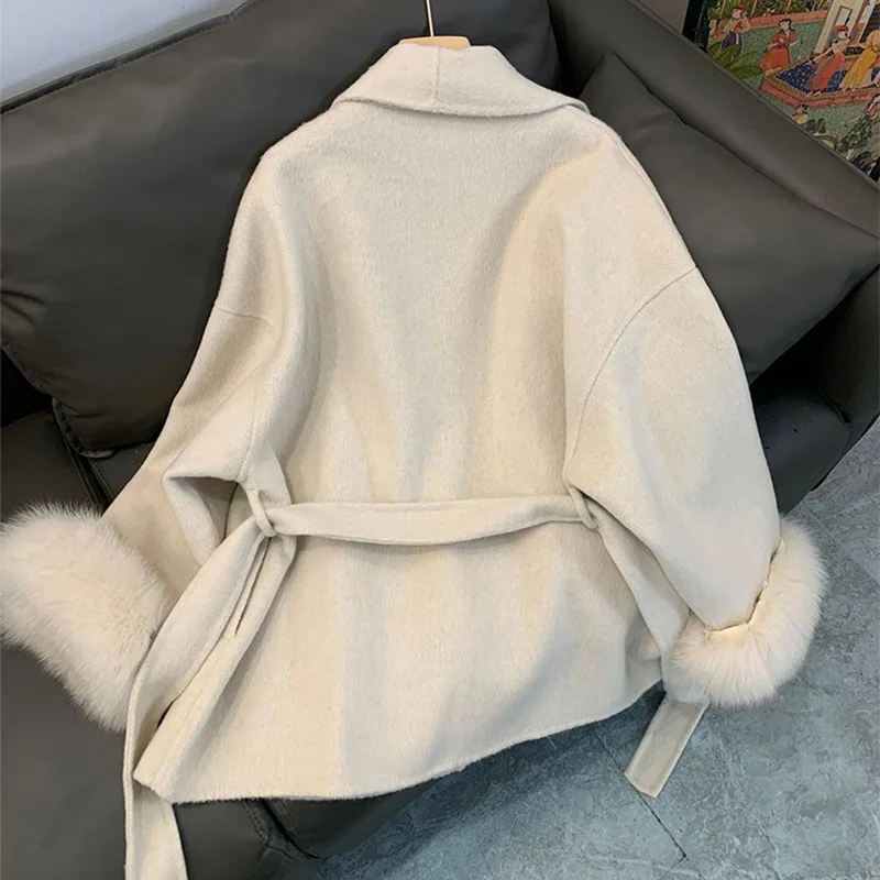 Winter New Women Double-sided Wool Lace-up Coat Cuffs Removable Fox Fur High Quality Double-sided Cashmere Woolen Coat Female