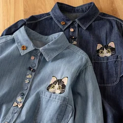 2026 Women's denim shirt stylish women blouse harajuku fashion cartoon bow cats kittens embroidery denim blouses