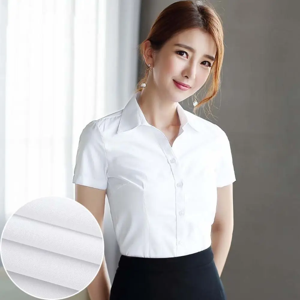 Fashion Polo Collar Short Sleeved Shirt Blouses Slim Fit Simple Vintage Button-up Blouses Solid Basic Business T-shirts Summer