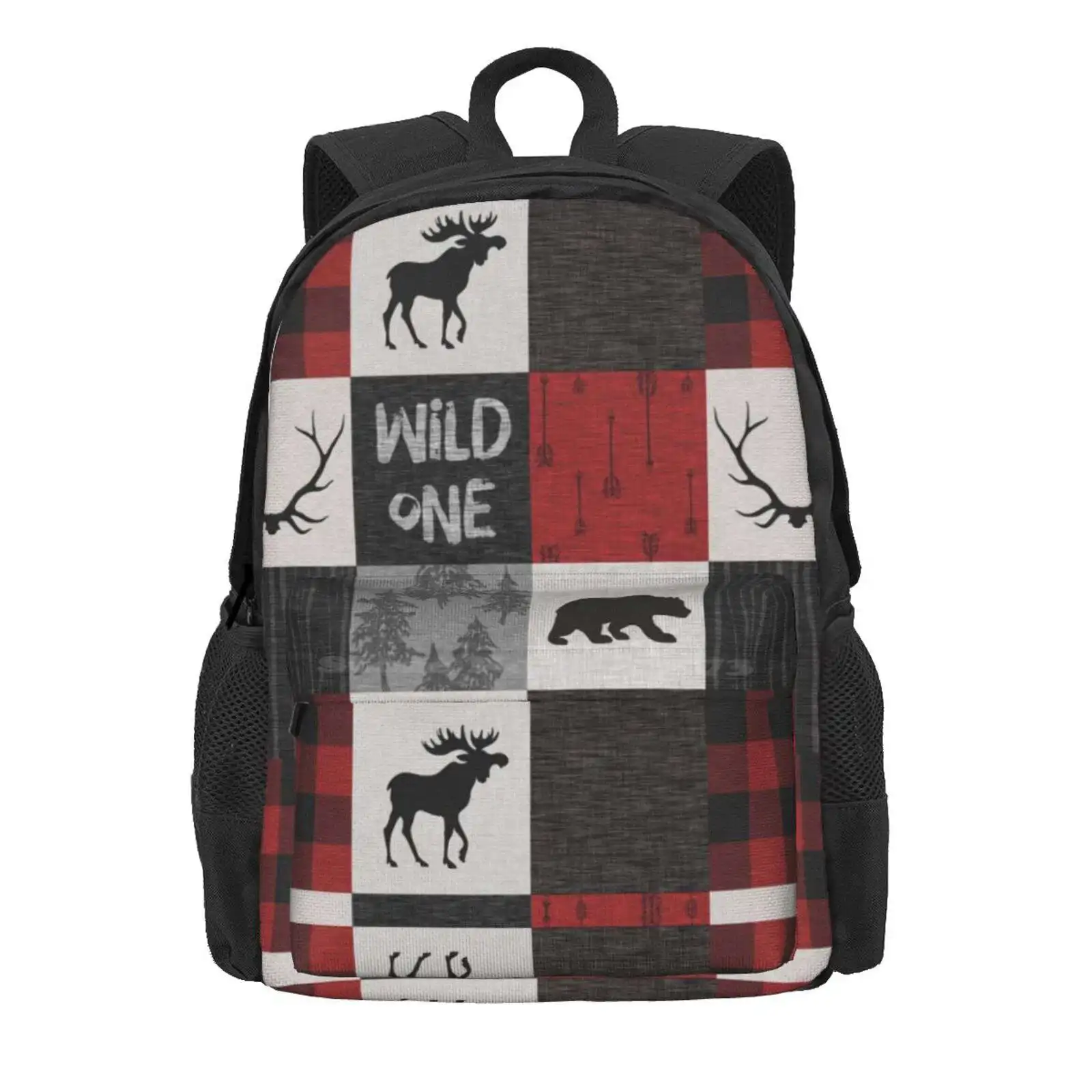 Wild One Woodland Patchwork- Red, Black, Grey Hot Sale Schoolbag Backpack Fashion Bags Wild One Woodland Patchwork Moose Deer