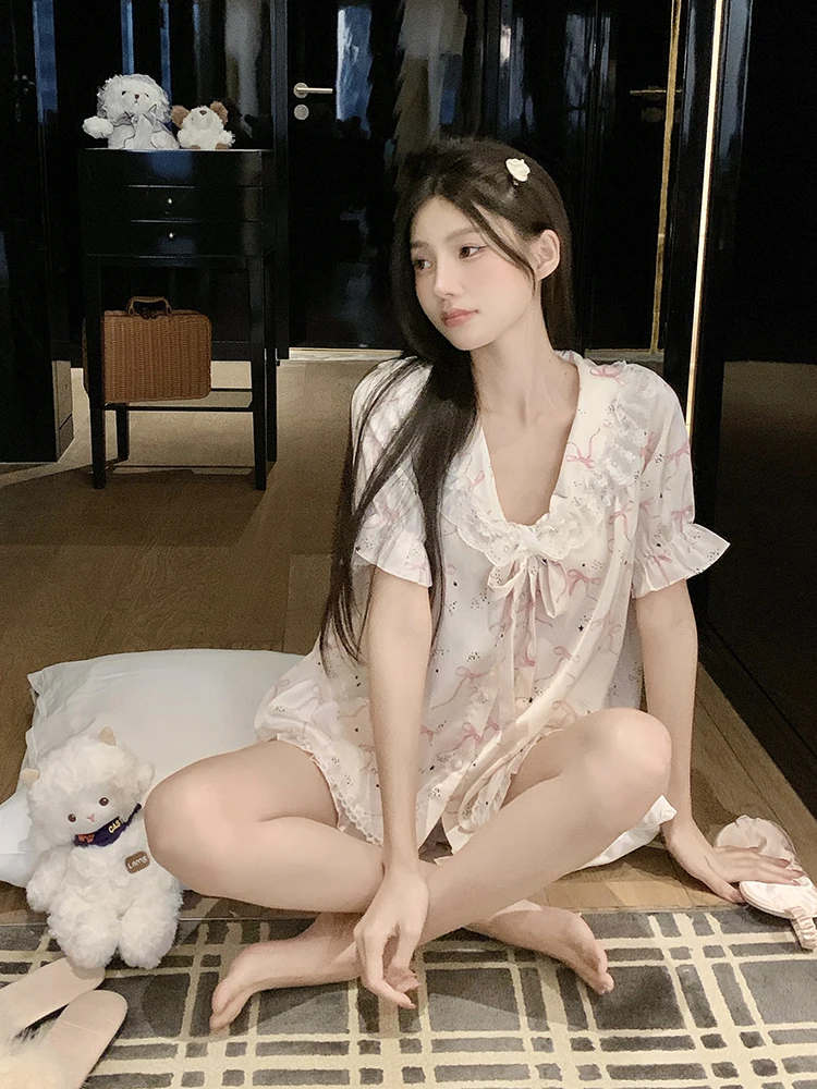 2025 New Summer Ice Silk Short Sleeve Pajamas Sweet Girl Thin Cartoon Cute Print Wearable Homewear Set