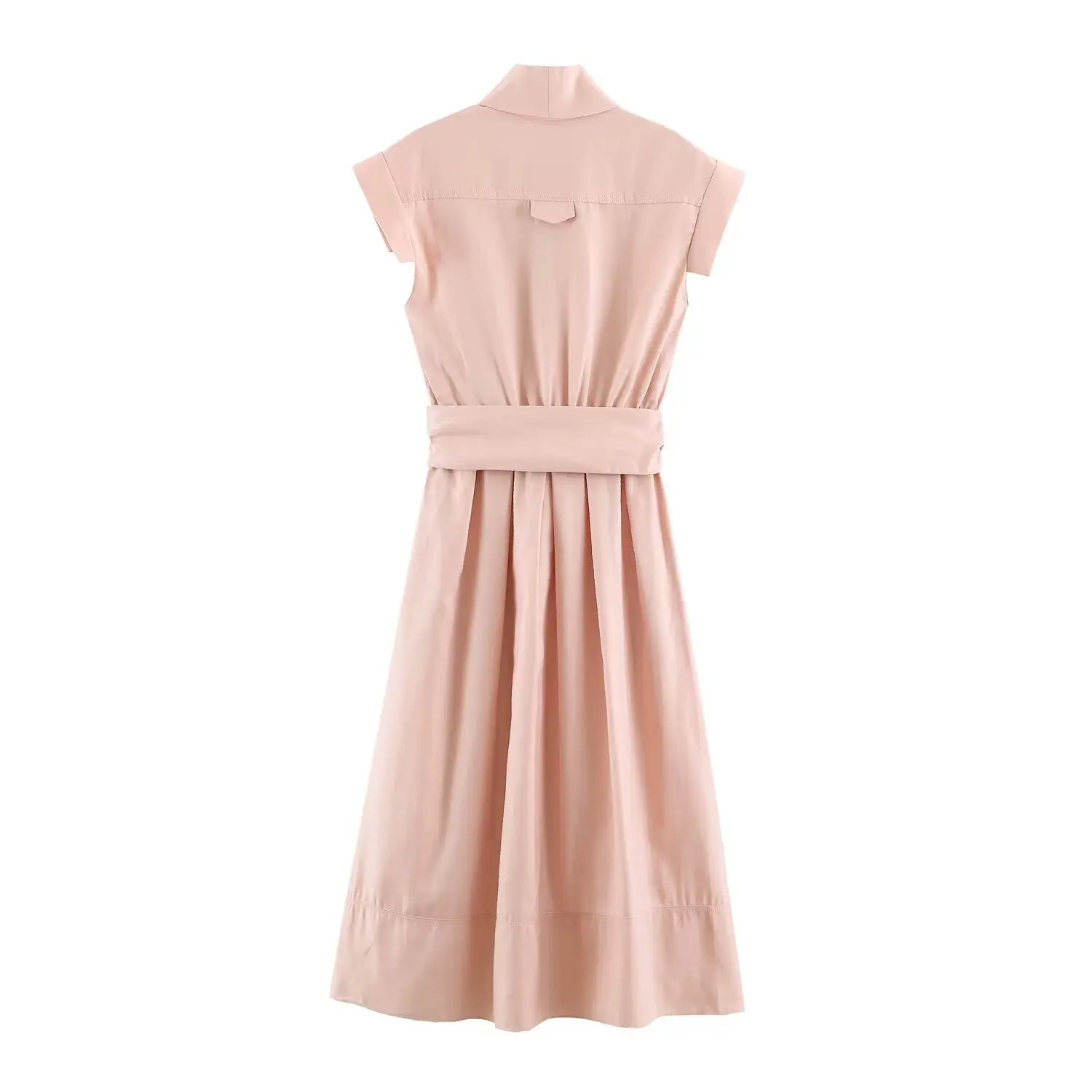 BSAY 2026 Damen V-Ausschnitt Kurzarm Midikleid mit Selbstbindegürtel, Hemdstil A-Linie Einfarbig Elegantes Sommer Casual Langes Kleid – Detail 6