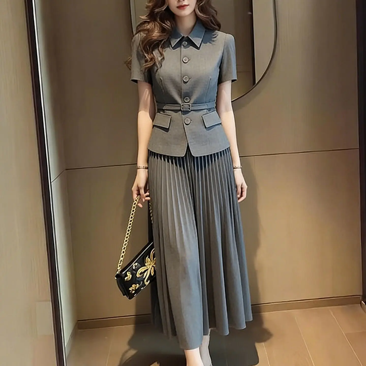 Women's Casual Two-Piece Grey Set Square Neck Short Sleeve Blouse + High Waist Pleated Mesh Skirt Elegant Commuter Outfit